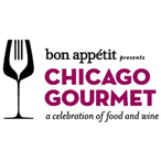 A logo for chicago gourmet, featuring an image of a wine glass.